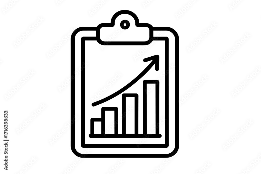 Poster Clipboard with growth chart icon. Business report with data analysis and financial statistics. Progress and success concept. Performance review document showing upward trend.