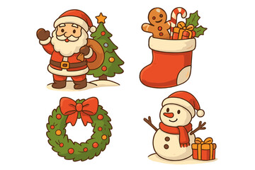Fototapeta premium Christmas icon collection. Cute cartoon vector set with Santa Claus, snowman, holiday wreath, and stocking with gifts. Hand-drawn winter characters for greeting card design.