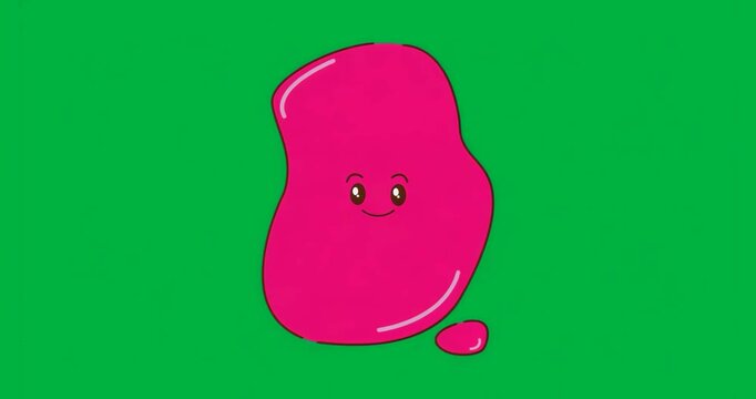 pink blob changing from excited open-mouth to closed-mouth smile showing calm on transparent glitch