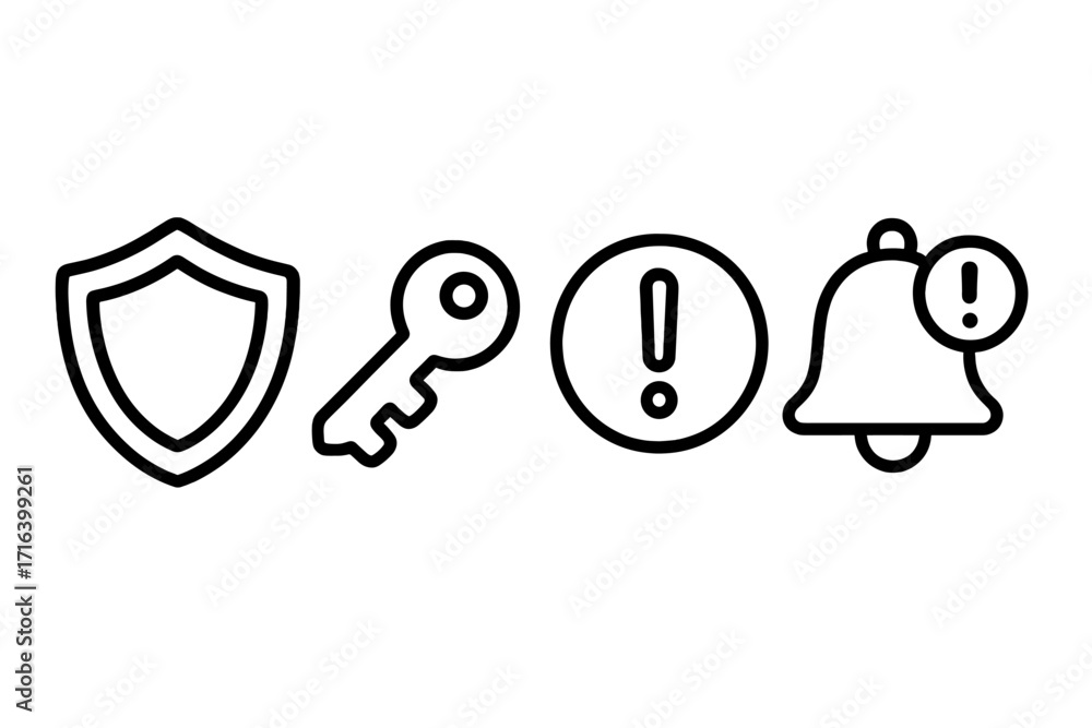 Poster security and alert icons set. shield, key, notification bell, and warning symbols for ui ux design. 