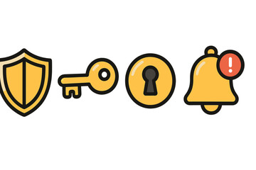 Security and alert icon set with shield, key, keyhole, and notification bell symbols. Vector icons for user interface design, privacy, access control, and app alerts.
