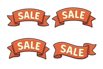 Sale banner ribbon set vector. Collection of promotional discount labels. Special offer sticker graphic design. Cartoon illustration for marketing advertising. Red tag price element.