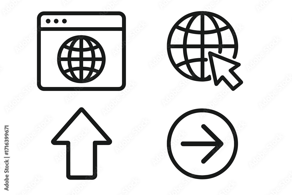 Poster go to web icon set. browser, globe, and arrow symbols for internet navigation. website, click, uploa