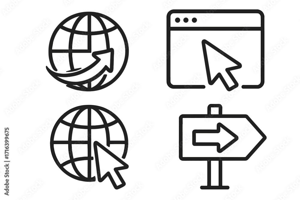 Poster go to web icon set vector illustration. internet website click pointer and globe symbol collection. 