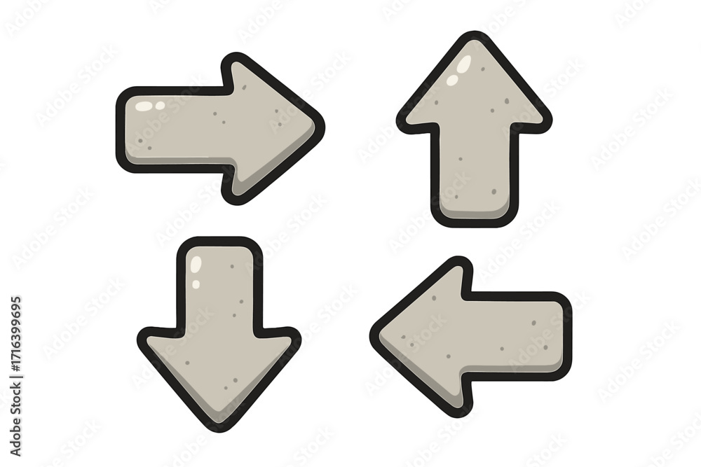 Poster arrow icon set. stone texture cartoon arrows. up, down, left, right direction signs. navigation and 