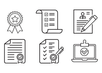 Vector illustration depicting document icons for certificate application checklist and online verification emphasizing achievement compliance and digital paperwork