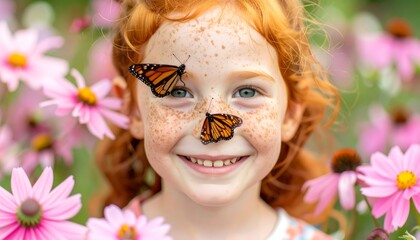 Freckled Girl with Monarch Butterflies on her Face Amidst Pink Flowers