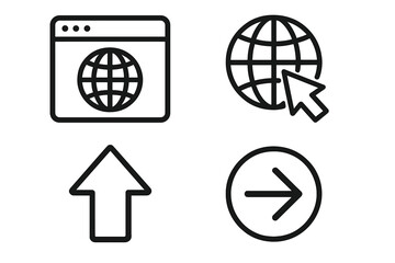 Go to web icon set. Browser, globe, and arrow symbols for internet navigation. Website, click, upload, and next buttons. UI UX design elements. Line vector illustration.