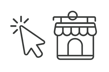Online shopping concept with click cursor pointer and store icon. E-commerce, webshop, digital marketplace, buy now symbol. Vector line art business illustration.