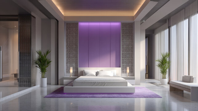 Modern bedroom featuring minimalist design with large bed, purple accent wall, and ample natural light. space is enhanced by stylish decor and plants, creating serene atmosphere