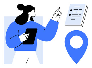 Female character holding tablet, pointing toward checklist, with large location pin. Ideal for tasks, planning, organization, navigation, logistics management productivity. A simple flat metaphor