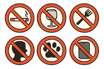 Prohibition sign set vector illustration. Forbidden symbols for public places. No smoking, no food and drink, no alcohol, no pets, no mobile phones, no entry allowed signs.