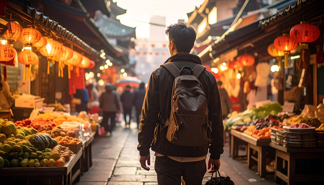Young Man Exploring Asian Street Market.
