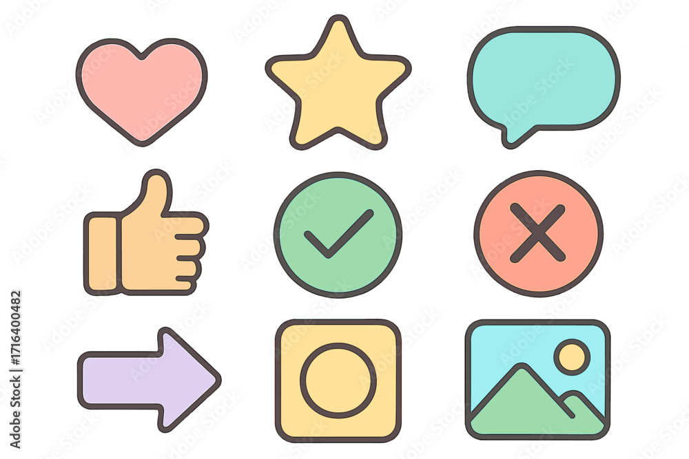 Poster social media interface icon set. minimalistic colorful pastel icons for web and mobile apps. vector 