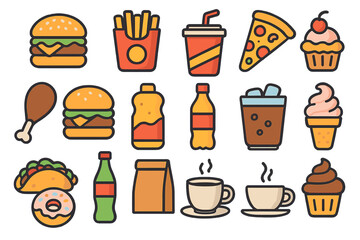 Vector collection of colorful flat fast food icons. Cartoon junk food, drinks, and dessert symbols. Burger, pizza, fries, soda, ice cream, coffee for restaurant menu.