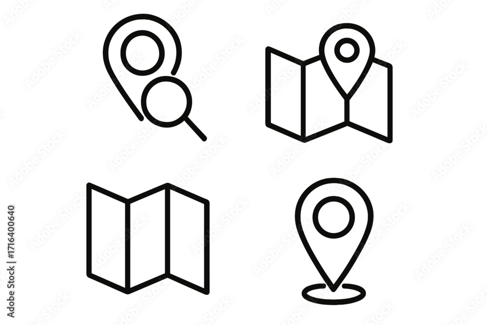 Aufkleber location icon set. map pin pointer with magnifying glass. search and find destination. navigation an