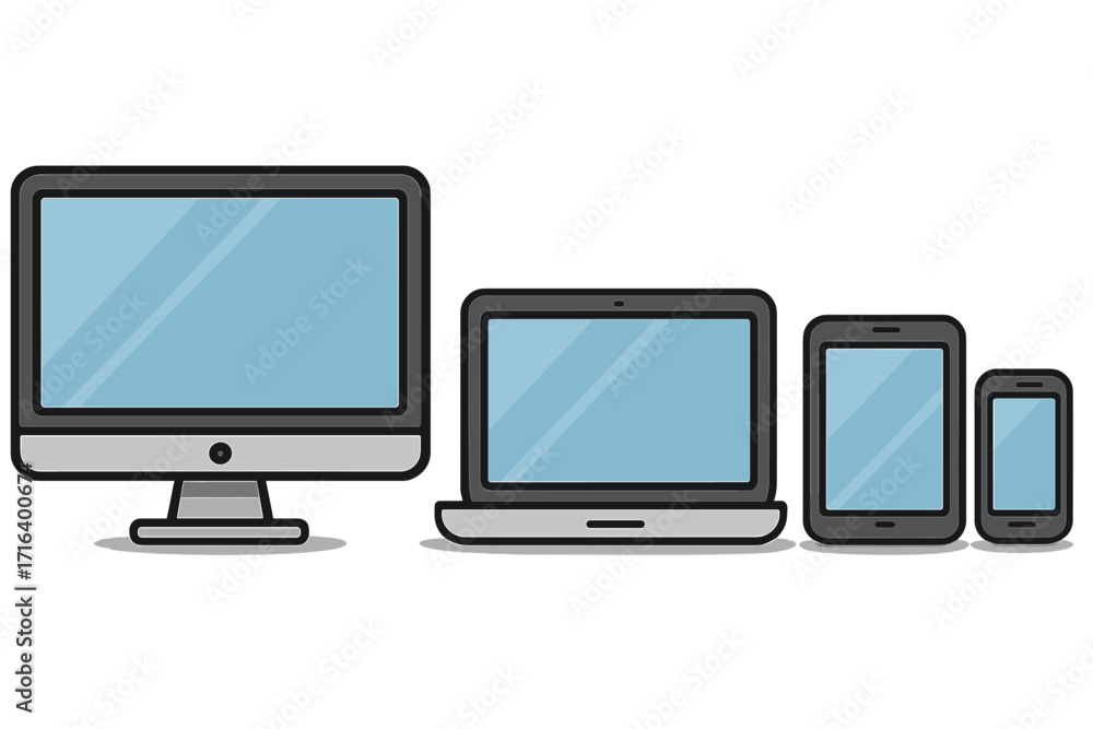 Poster vector set of digital devices: desktop computer monitor, laptop, tablet and smartphone. responsive w