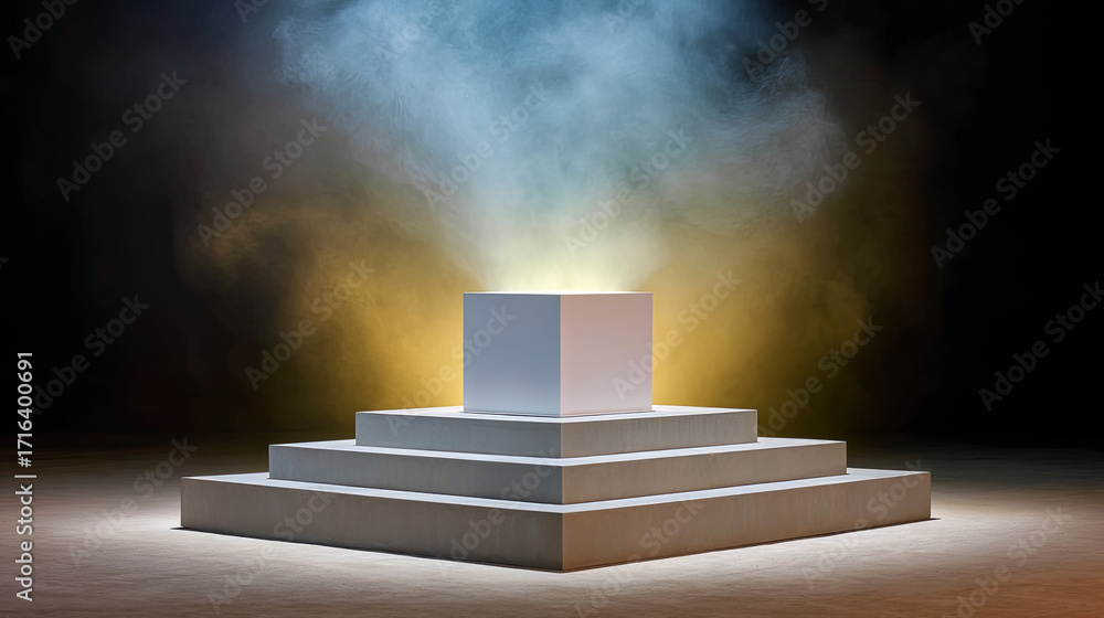 Aufkleber midrange view of rough concrete slab podium with glowing cube on top, surrounded by colorful smoke. 