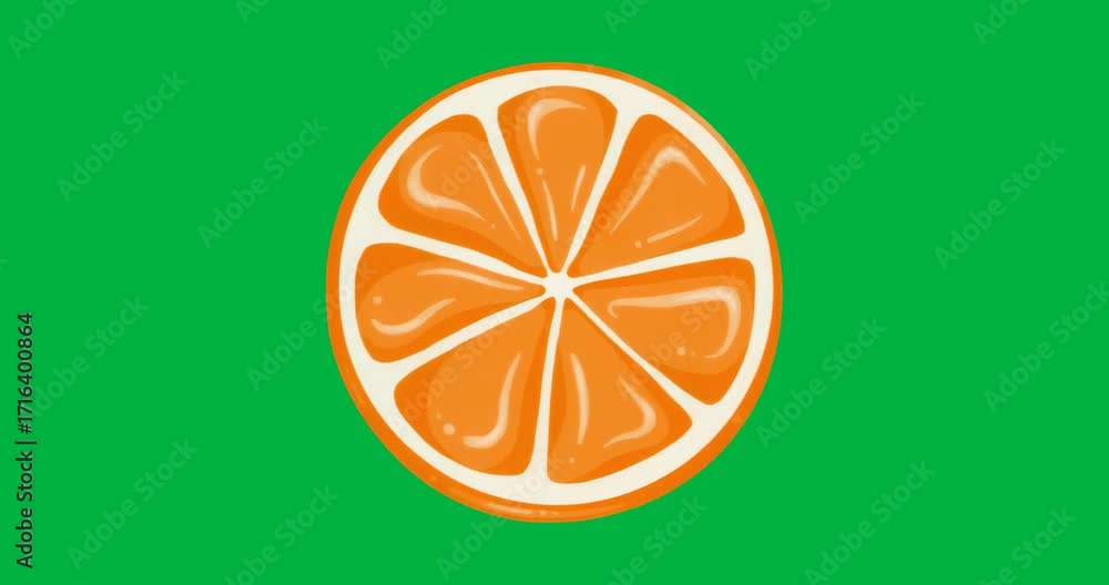 Aufkleber on load stylized orange slice slowly rotating clockwise on transparent layer for demonstration