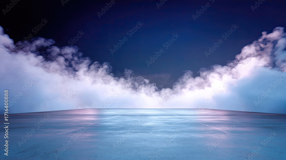 Poster Minimalist gray concrete surface is illuminated by soft lighting, surrounded by ethereal clouds of mist, creating serene and tranquil atmosphere. This setting evokes sense of calm