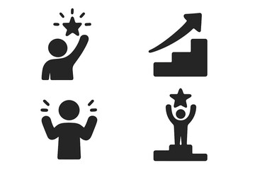 Success icons set in silhouette style with growth arrows, achievement, celebration, person holding star, progress stairs, and victory concept vector illustrations in black