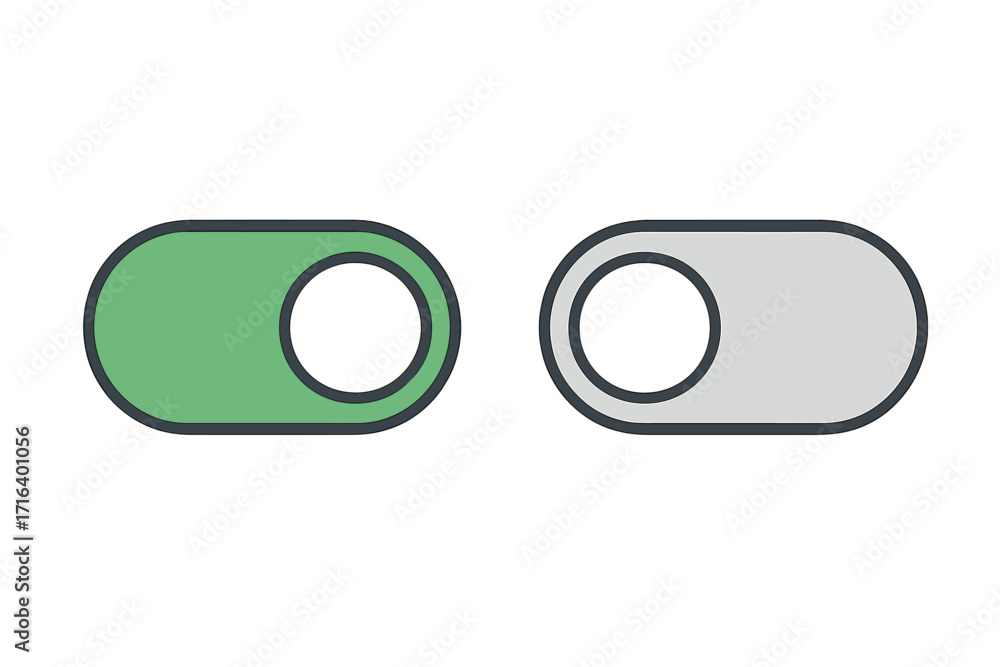 Poster toggle switch on and off buttons with green active and grey inactive states, vector cartoon illustra