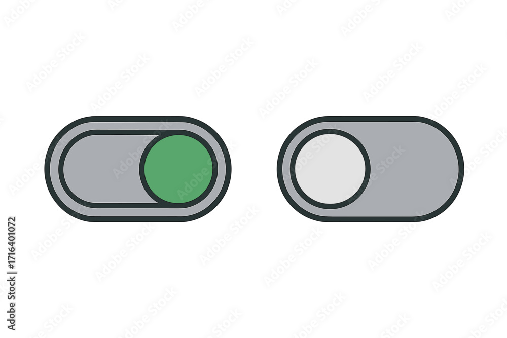 Poster toggle switch on and off buttons, vector cartoon illustration with grey background, modern ui design