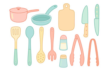 Cute kitchen utensils set in flat cartoon style. Pastel color vector illustration for culinary design. Cooking equipment icons with pot, pan, cutting board, and knife.