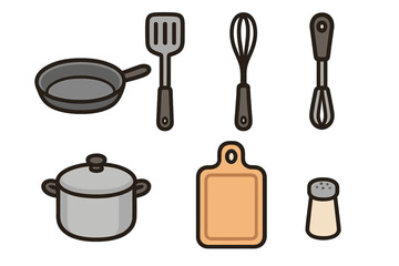 Kitchen utensils and cookware icon set. Vector illustration in flat cartoon style. Includes pan, pot, spatula, whisk, cutting board, shaker. Culinary equipment for cooking.