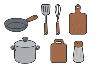 Kitchen utensils set. Cooking tools collection. Pan, spatula, whisk, pot, cutting board, salt shaker. Vector illustration in flat cartoon style. Isolated kitchenware icons.