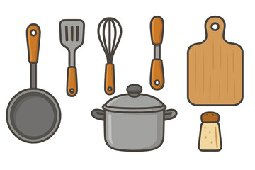Kitchen utensils vector set in flat cartoon style. Cookware collection with pan, spatula, whisk, pot, cutting board, shaker. Cooking, food preparation, culinary icons.