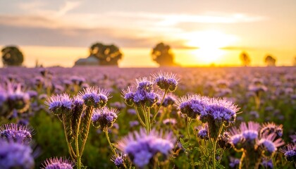Fototapeta premium Vibrant purple flowers field at sunset