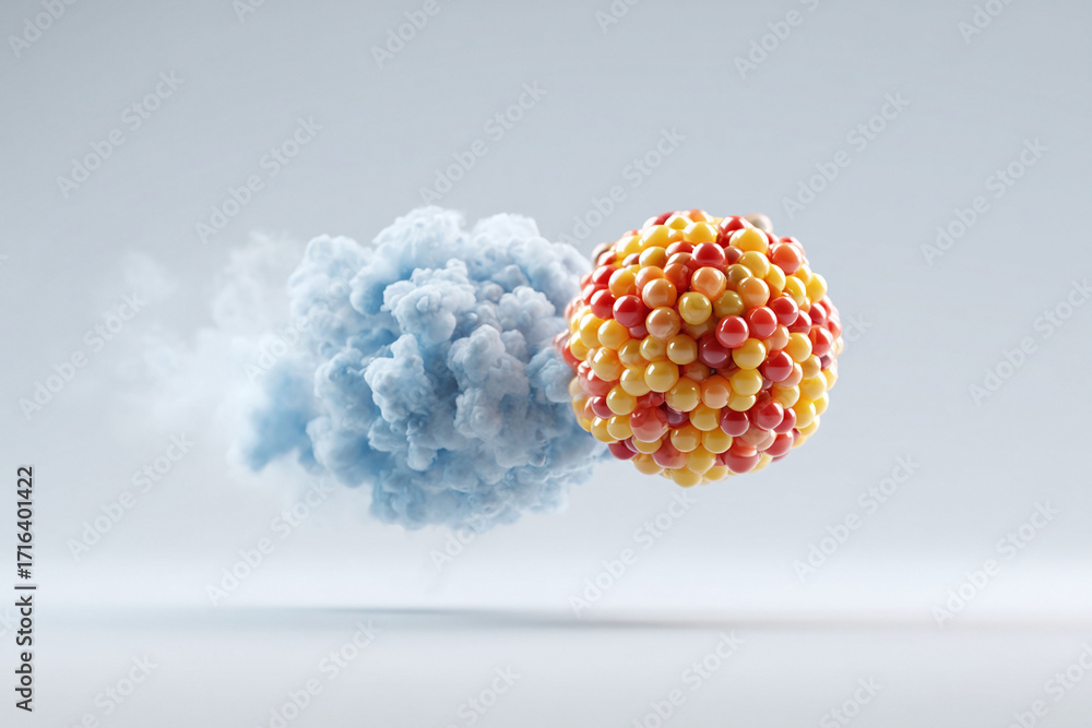 Poster abstract composition of a cloudlike form meeting a clustered sphere. symbolic of collision, connecti
