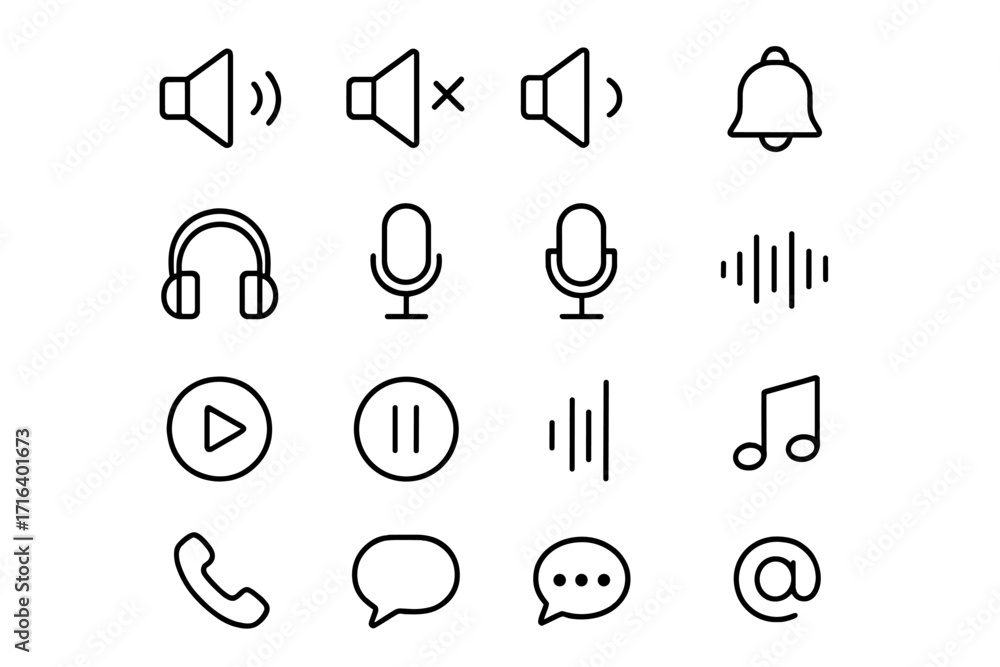Poster media player and communication line icon set. simple audio, sound, and music symbols. minimalist out