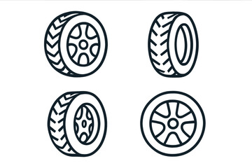Vector set of car wheels and tires icons, linear style illustrations, rim and tire designs with detailed tread patterns, automotive parts symbols, transparent background