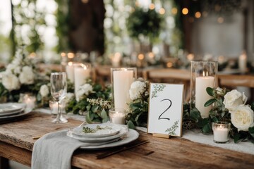 A lovely wedding reception table is beautifully arranged with a number card displaying '2', elegant candles, and fresh white roses. Lush greenery adds a romantic touch to the setting