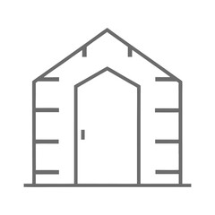 Simple gray line drawing of a house with a door and peaked roof home building