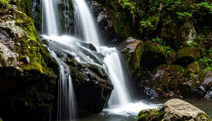 Cascading waterfall in mossy forest