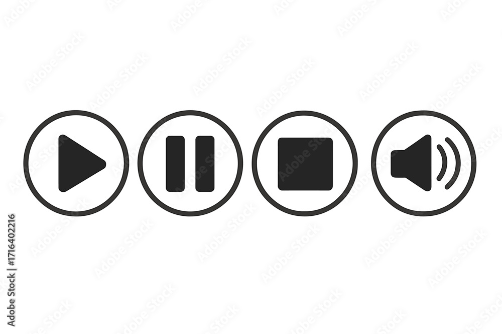 Poster media player control icon set. vector symbols for play, pause, stop, and volume. minimalist black bu