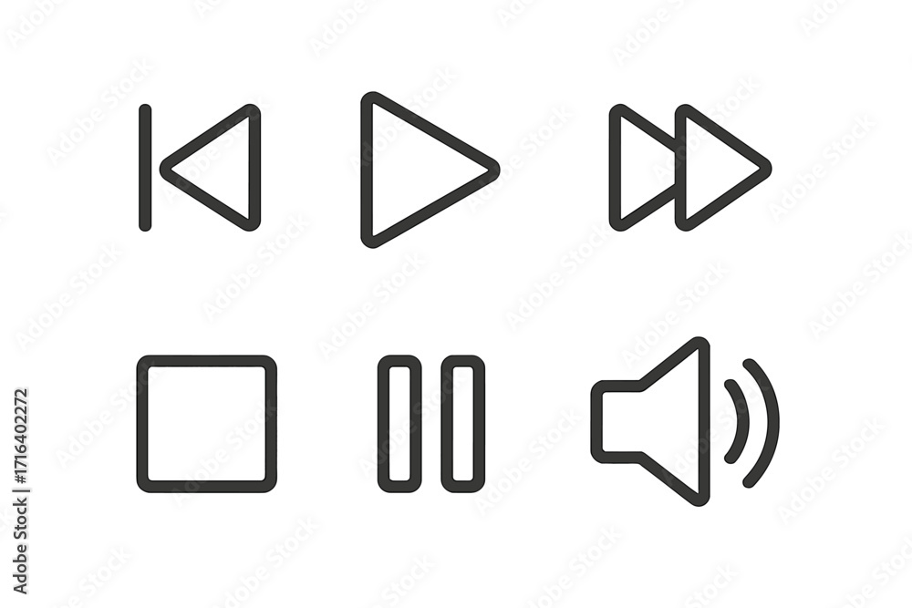 Poster media player control icon set with play, pause, stop, next, and previous buttons. simple line art sy