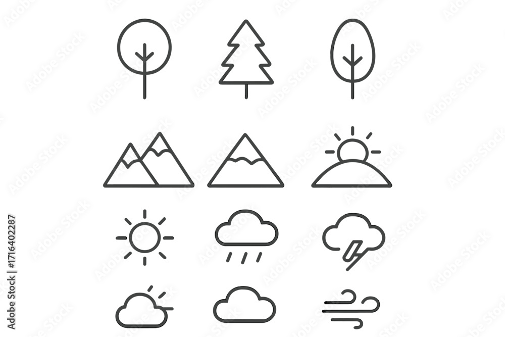 Poster minimalist nature icons set. line art collection of weather and landscape elements. simple vector sy
