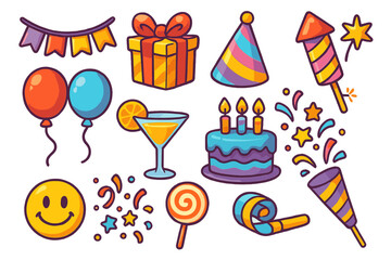 Party icon set cartoon vector. Birthday celebration elements collection. Festive sticker pack with cake, gift box, balloon, confetti, firework, hat, cocktail and lollipop.