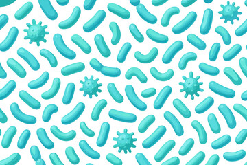 Microbiome seamless pattern. Probiotic bacteria background. Lactobacillus, bifidobacteria. Gut flora, digestive health science concept. 3D render cartoon microbe, virus illustration.