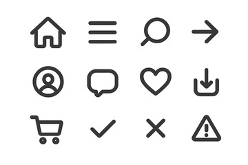 Minimalist essential user interface icons set for web design, vector cartoon style with transparent background, ordered essential UI symbols collection for digital projects