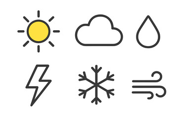 Minimalist weather icons set with sun, cloud, lightning, raindrop, snowflake, and wind symbols, vector cartoon style, transparent background, ordered collection for weather design