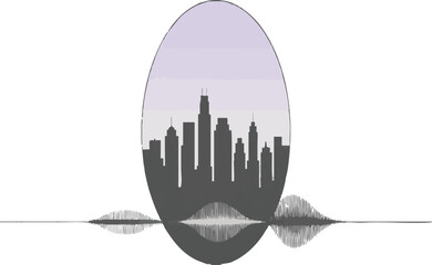 City skyline silhouette within a circle, audio wave below white background.