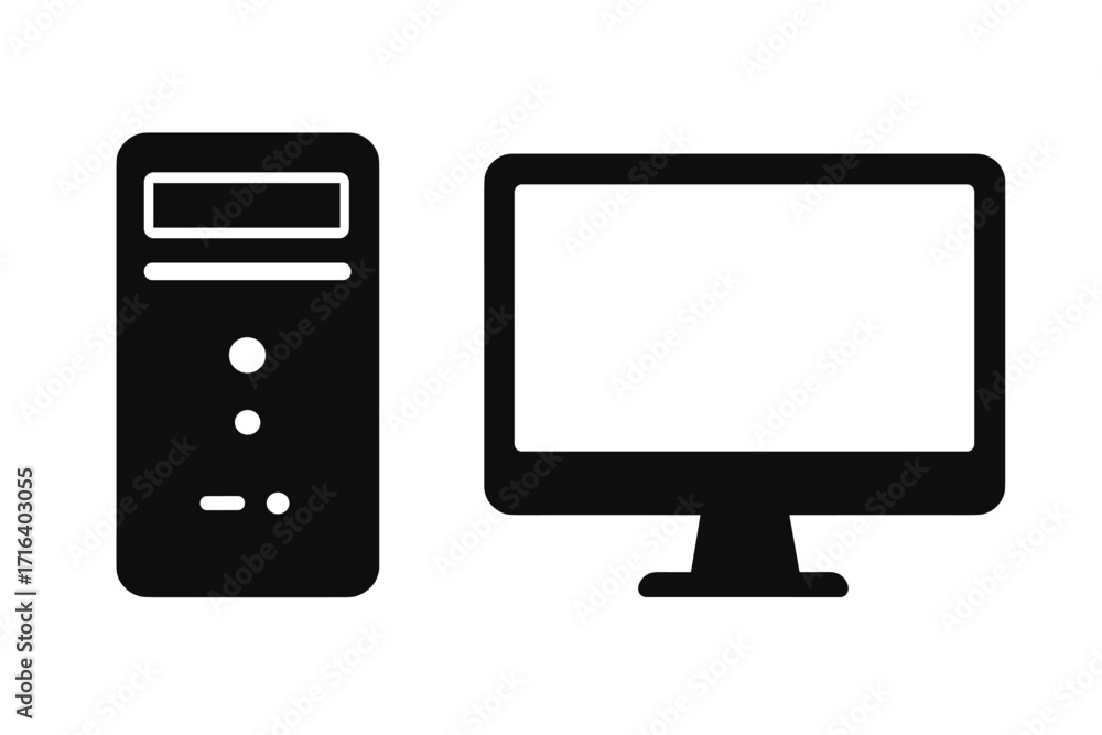 Poster minimalist computer silhouette icon with desktop pc tower and monitor screen. vector illustration of