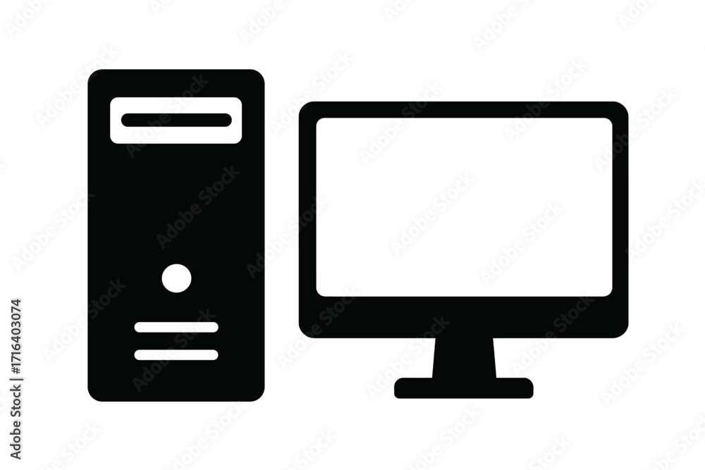 Poster minimalist computer icon. desktop pc with monitor silhouette. black and white vector illustration. s