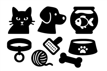 Pet care icons set with cat, dog, fish, collar, brush, yarn, bone, and food bowl in bold black silhouette style, vector cartoon illustration with transparent background, ordered collection