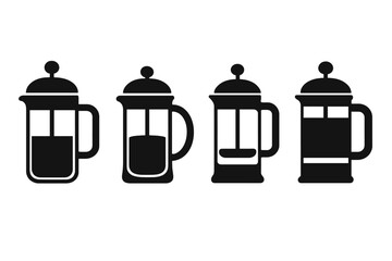 French press coffee maker brewing process icon set. Vector silhouette illustration of coffee press stages. Minimalist cafetiere plunger pot steps for kitchen and cafe decor.
